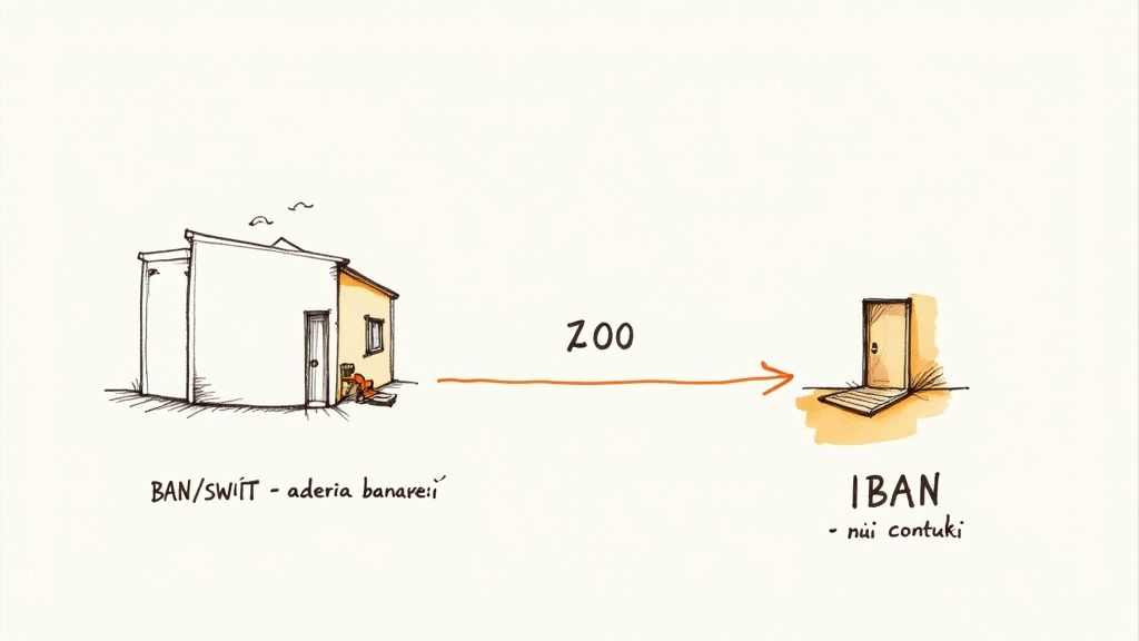 Ilustración simplificada de una transferencia bancaria que representa una casa (BAN/SWIFT) y un puerto (IBAN).