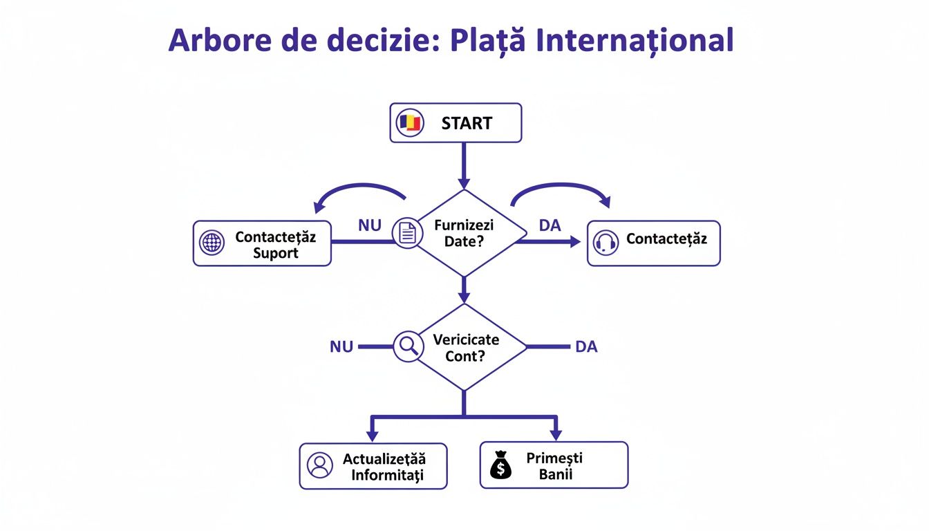 Árbol de decisión para pagos internacionales, que muestra los pasos desde el inicio hasta la recepción del dinero.