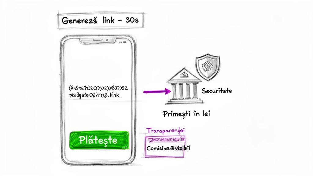 Imagen que muestra el proceso de pago seguro desde una aplicación móvil, con generación de enlace y comisión visible, recibiendo el dinero en ella.