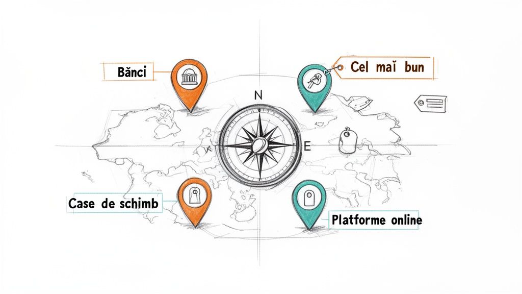 Mapa con brújula y pines que indican Bancos, Bolsas de Valores y Plataformas Online, destacando los Mejores.