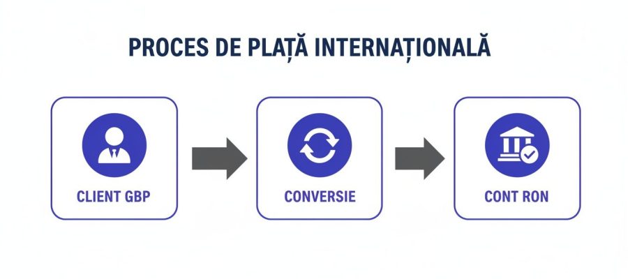 Diagrama del proceso de pago internacional, que muestra la transferencia de un cliente en GBP a una cuenta en RON mediante conversión de moneda.